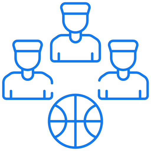 Three stylized players in uniforms arranged around a basketball symbol below them.