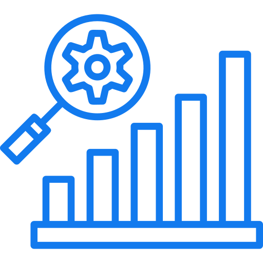 Blue line icon of a magnifying glass over a gear and ascending bar chart, representing data analysis and analytics.