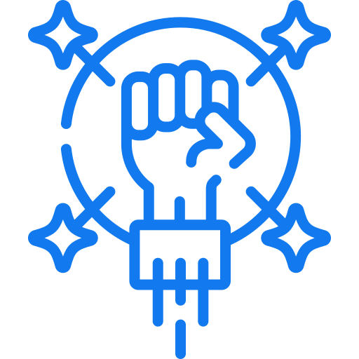 Blue line illustration of a raised fist inside a circle with four sparkles, symbolizing empowerment and achievement.