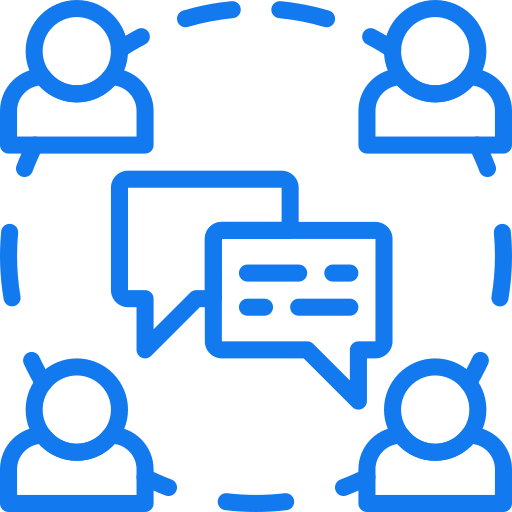 Four people icons arranged in a circle around two overlapping chat bubbles, symbolizing group discussion or team chat.