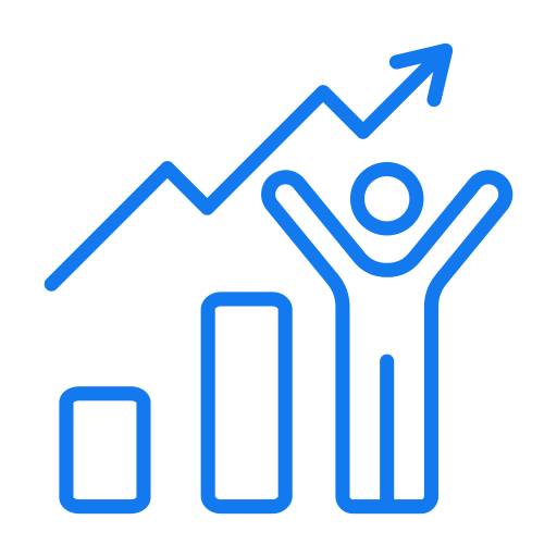 Blue outline icon of a person raising arms beside increasing bar chart with an upward arrow, representing growth or success.